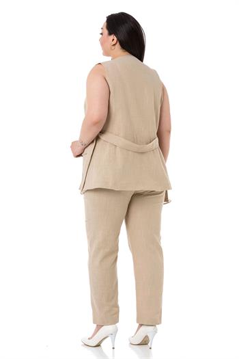 Büyük Beden Kemerli Yelek Pantolon Keten Astarlı Bej Takım