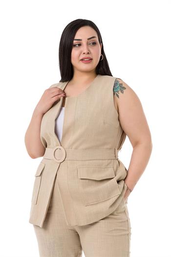 Büyük Beden Kemerli Yelek Pantolon Keten Astarlı Bej Takım