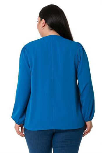 Plus Size Elastic Cuff Pleated Collar İndigo Blouse