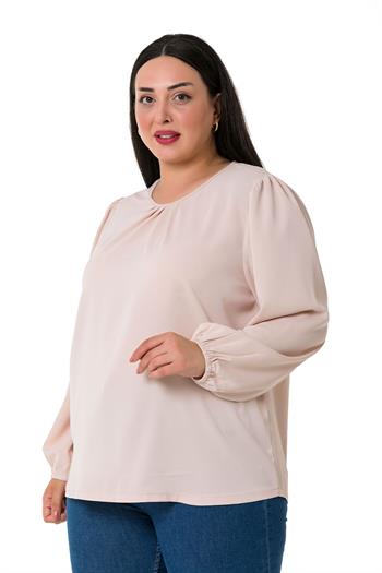Plus Size Elastic Cuff Pleated Collar Light Pink Blouse