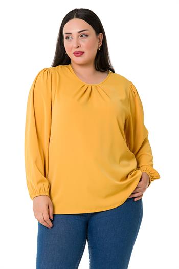 Plus Size Elastic Cuff Pleated Collar Mustard Blouse