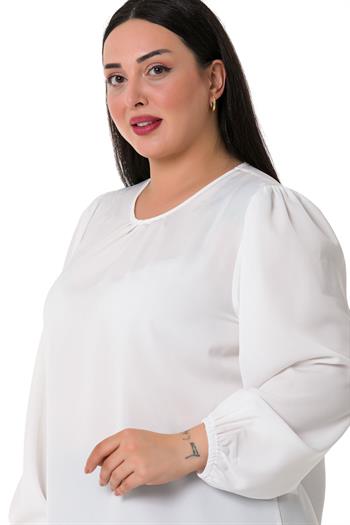 Plus Size Elastic Cuff Pleated Collar White Blouse