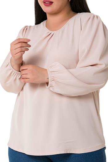 Plus Size Elastic Cuff Pleated Collar Light Pink Blouse