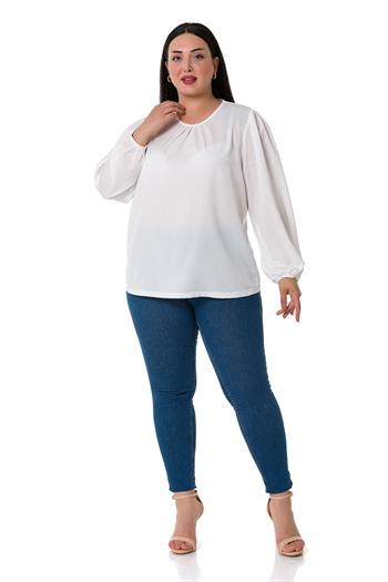 Plus Size Elastic Cuff Pleated Collar White Blouse