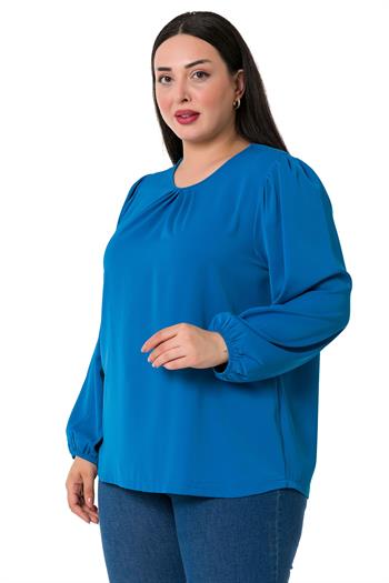 Plus Size Elastic Cuff Pleated Collar İndigo Blouse