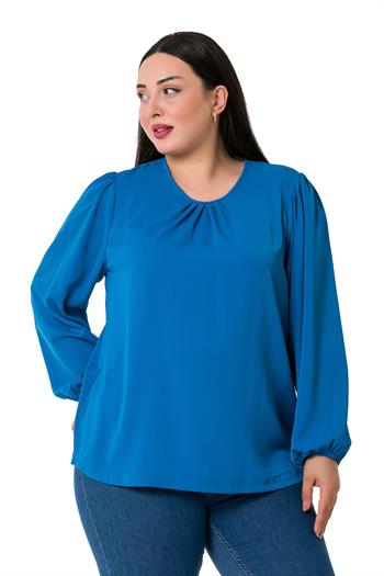 Plus Size Elastic Cuff Pleated Collar İndigo Blouse