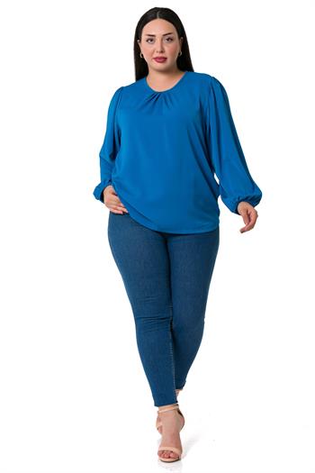 Plus Size Elastic Cuff Pleated Collar İndigo Blouse