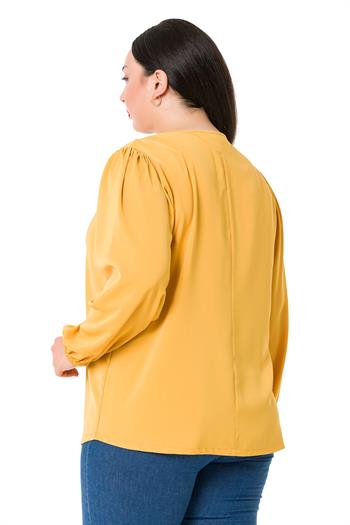 Plus Size Elastic Cuff Pleated Collar Mustard Blouse
