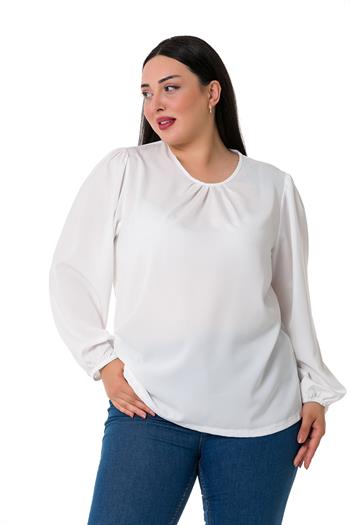 Plus Size Elastic Cuff Pleated Collar White Blouse