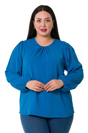 Plus Size Elastic Cuff Pleated Collar İndigo Blouse