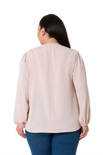 Plus Size Elastic Cuff Pleated Collar Light Pink Blouse