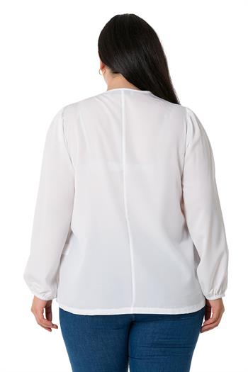 Plus Size Elastic Cuff Pleated Collar White Blouse