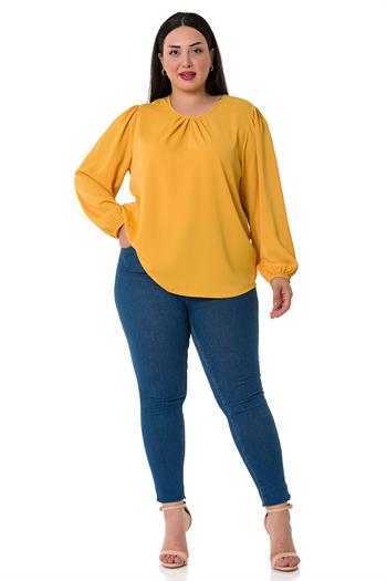 Plus Size Elastic Cuff Pleated Collar Mustard Blouse