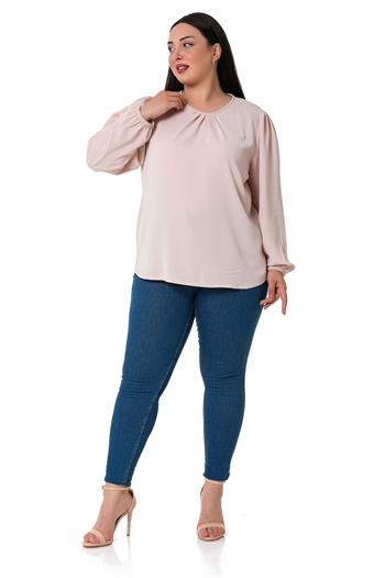 Plus Size Elastic Cuff Pleated Collar Light Pink Blouse