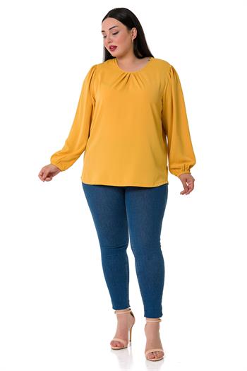 Plus Size Elastic Cuff Pleated Collar Mustard Blouse
