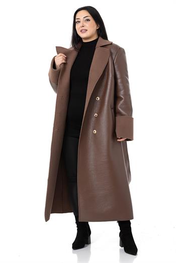 Büyük Beden Kol Ağzı ve İçi Kürklü Uzun Deri Kahverengi Palto 