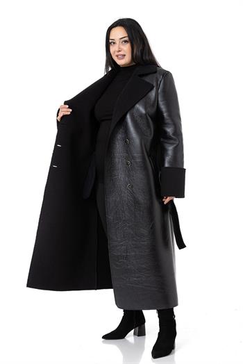 Büyük Beden Kol Ağzı ve İçi Kürklü Uzun Deri Siyah Palto 
