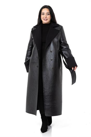 Büyük Beden Kol Ağzı ve İçi Kürklü Uzun Deri Siyah Palto 