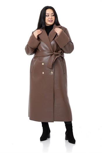 Büyük Beden Kol Ağzı ve İçi Kürklü Uzun Deri Kahverengi Palto 