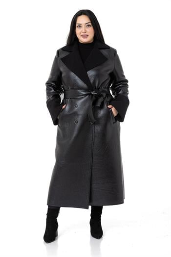 Büyük Beden Kol Ağzı ve İçi Kürklü Uzun Deri Siyah Palto 
