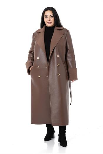 Büyük Beden Kol Ağzı ve İçi Kürklü Uzun Deri Kahverengi Palto 