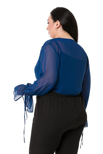 Plus Size Sleeve Detailed Chiffon Navy Blue Bolero