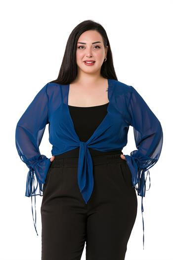 Plus Size Sleeve Detailed Chiffon Navy Blue Bolero