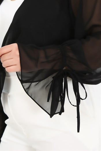 Plus Size Sleeve Detailed Chiffon Black Bolero with Tie-Up Front