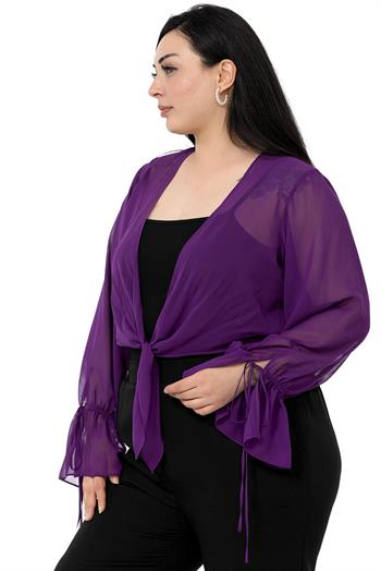 Plus Size Sleeve Detailed Tie-Front Chiffon Purple Bolero