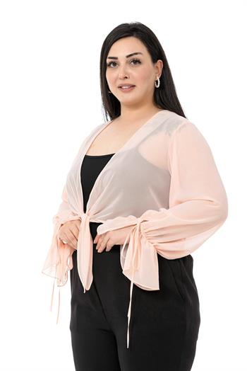 Plus Size Sleeve Detailed Tie-Front Chiffon Light Pink Bolero