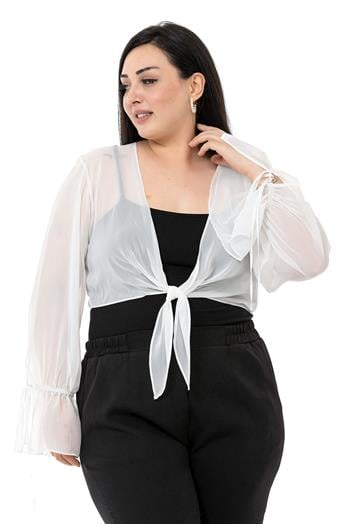 Plus Size Sleeve Detailed Tie-Front Chiffon White Bolero