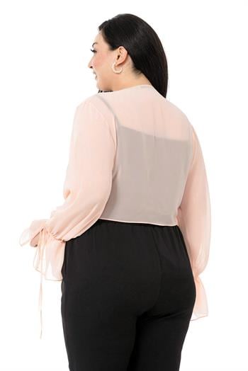Plus Size Sleeve Detailed Tie-Front Chiffon Light Pink Bolero