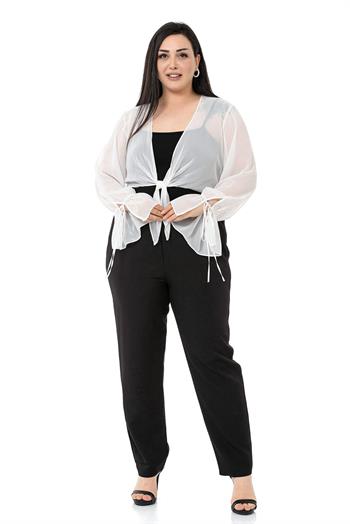Plus Size Sleeve Detailed Tie-Front Chiffon White Bolero