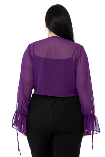 Plus Size Sleeve Detailed Tie-Front Chiffon Purple Bolero