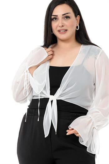 Plus Size Sleeve Detailed Tie-Front Chiffon White Bolero