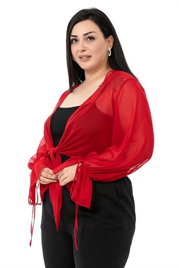Plus Size Sleeve Detailed Chiffon Red Bolero