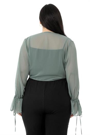 Plus Size Sleeve Detailed Tie-Front Chiffon Water Green Bolero