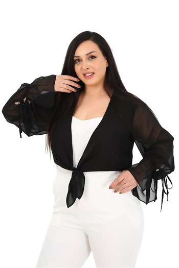 Plus Size Sleeve Detailed Chiffon Black Bolero with Tie-Up Front