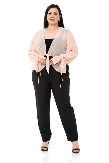 Plus Size Sleeve Detailed Tie-Front Chiffon Light Pink Bolero