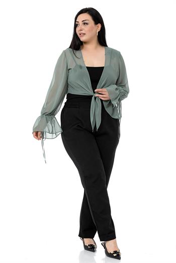 Plus Size Sleeve Detailed Tie-Front Chiffon Water Green Bolero
