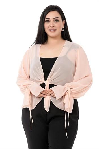Plus Size Sleeve Detailed Tie-Front Chiffon Light Pink Bolero