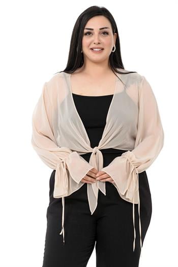 Plus Size Sleeve Detailed Chiffon Beige Bolero
