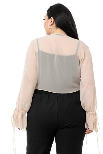 Plus Size Sleeve Detailed Chiffon Beige Bolero