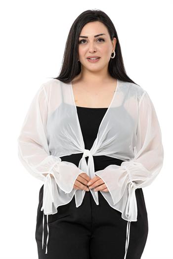 Plus Size Sleeve Detailed Tie-Front Chiffon White Bolero
