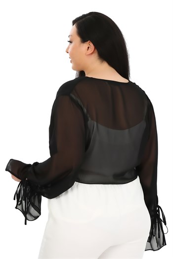 Plus Size Sleeve Detailed Chiffon Black Bolero with Tie-Up Front