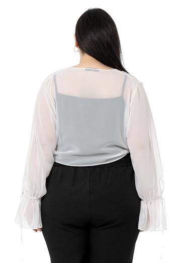 Plus Size Sleeve Detailed Tie-Front Chiffon White Bolero