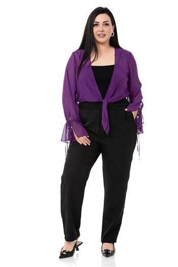 Plus Size Sleeve Detailed Tie-Front Chiffon Purple Bolero