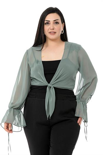 Plus Size Sleeve Detailed Tie-Front Chiffon Water Green Bolero
