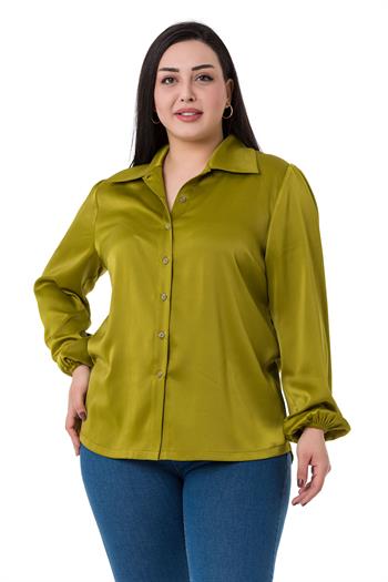 Büyük Beden Kolları Lastikli Saten Yeşil Gömlek 