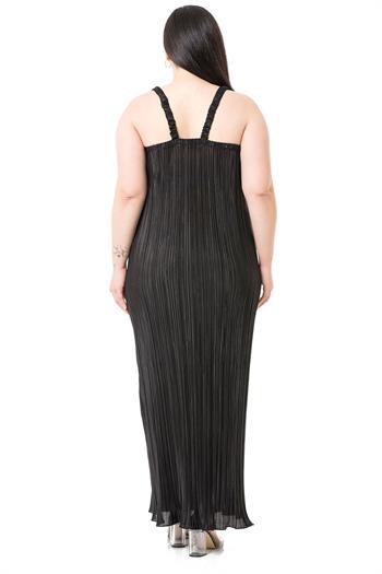 Plus Size Satin Long Black Dress with Elastic Sleeves and Back